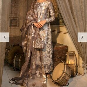 Elegant Silver Embroidered Dress with Matching Shawl